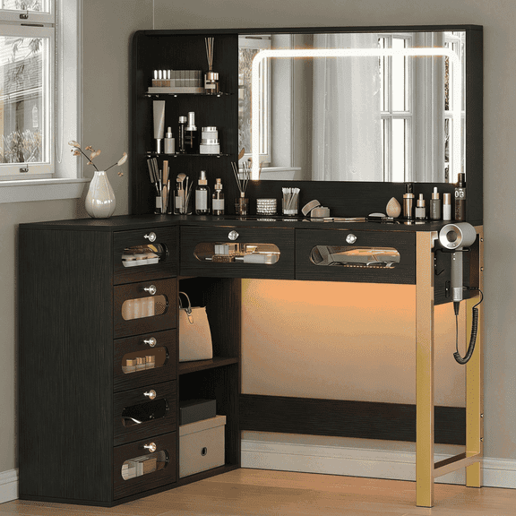 CollaredEagle Vanity Desk with Mirror & Lights, 43" Large Modern Makeup Vanity, Clear Glass Top Vanity with 2 RGB Drawers, Spacious Storage Dressing Table with Power Outlet, Black