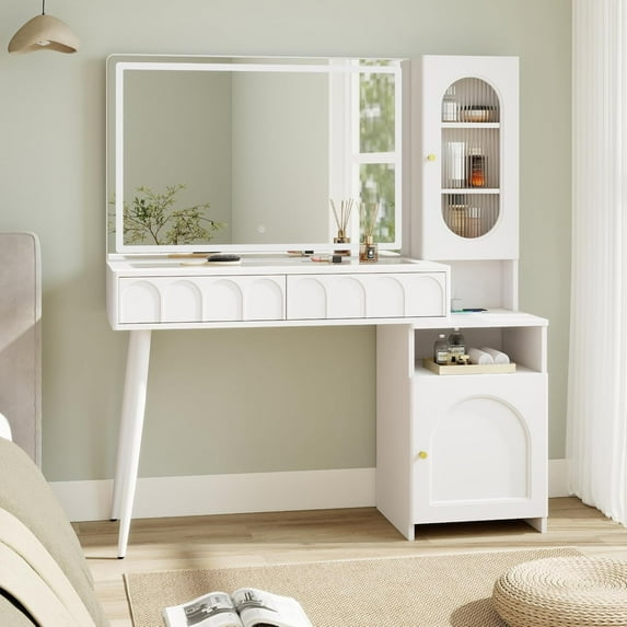 Vanity Desk with Mirror and Lights, 48'' Makeup Vanity with Arch Groove, Fluted Modern Vanity with Glass top & Storage Cabinet, 3 Lighting Modes Adjustable Brightness for Bedroom, White