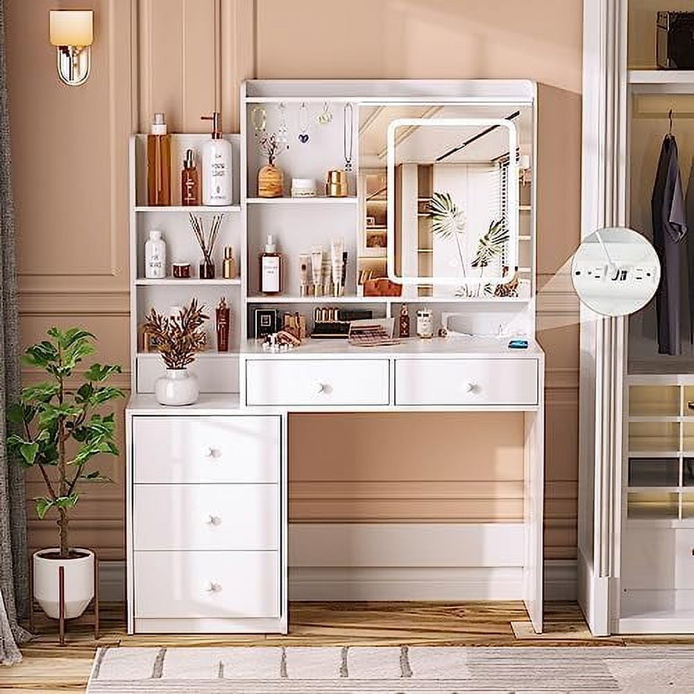 Vanity Desk with Mirror and Lights Vanity with 6 Drawers and Shelves
