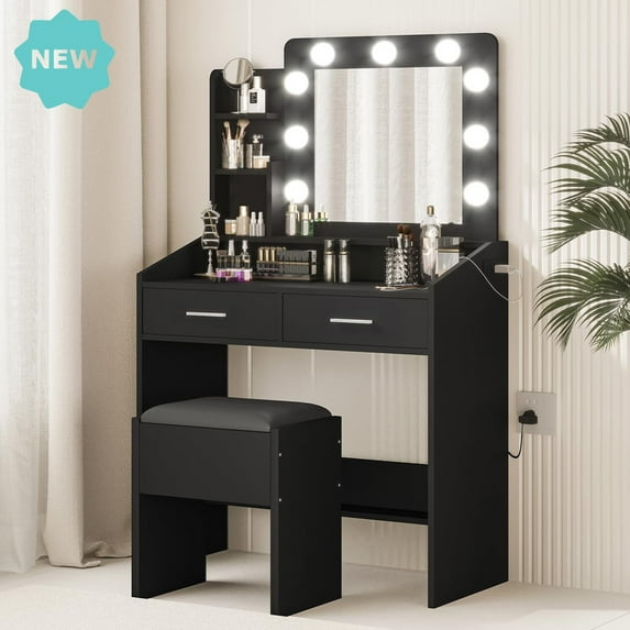 Vanity Desk with Mirror and Lights, 9 Dimmable LED Bulbs, Makeup Table with Power Outlet USB, 2 Drawers, Storage Shelves, Cushioned Stool, 3 Color Lighting Modes Adjustable