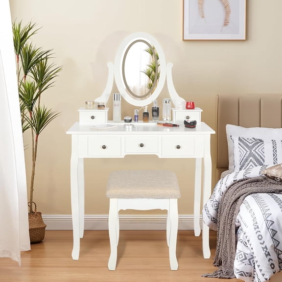 Vanity Desk with Mirror and Lights, Adjustable 360° Rotating Round Mirror with 5 Drawers, Modern Vanity Set for Adults/Girls, Cushioned Stool & 3 Color Modes Adjustable Brightness