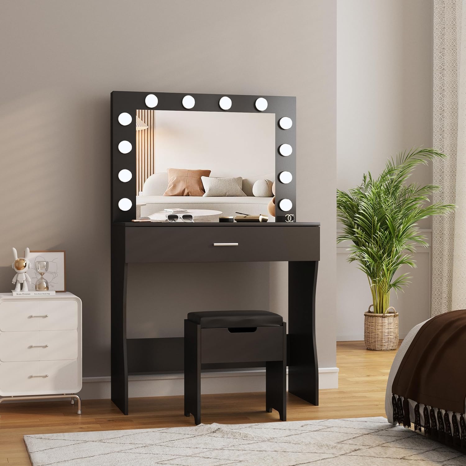 Vanity Desk with Mirror and Lights, Adjustable Brightness, Black Vanity