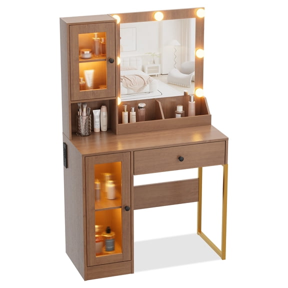 Vanity Desk with Mirror & Lights – Adjustable RGB & White Lighting – 2 Acrylic-Door Cabinets, 2 Open Shelves, Drawers, Built-in Power Outlet & USB Ports – Makeup Vanity Table for Bedroom