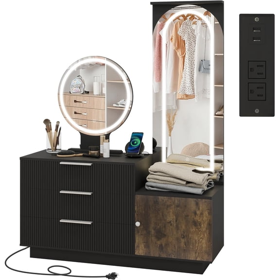 Vanity Desk with Mirror and Lights Black Makeup Vanity with Charging Station and Full Length Mirror Glass Top Vanity with 3 Drawers and Cabinet for Bedroom