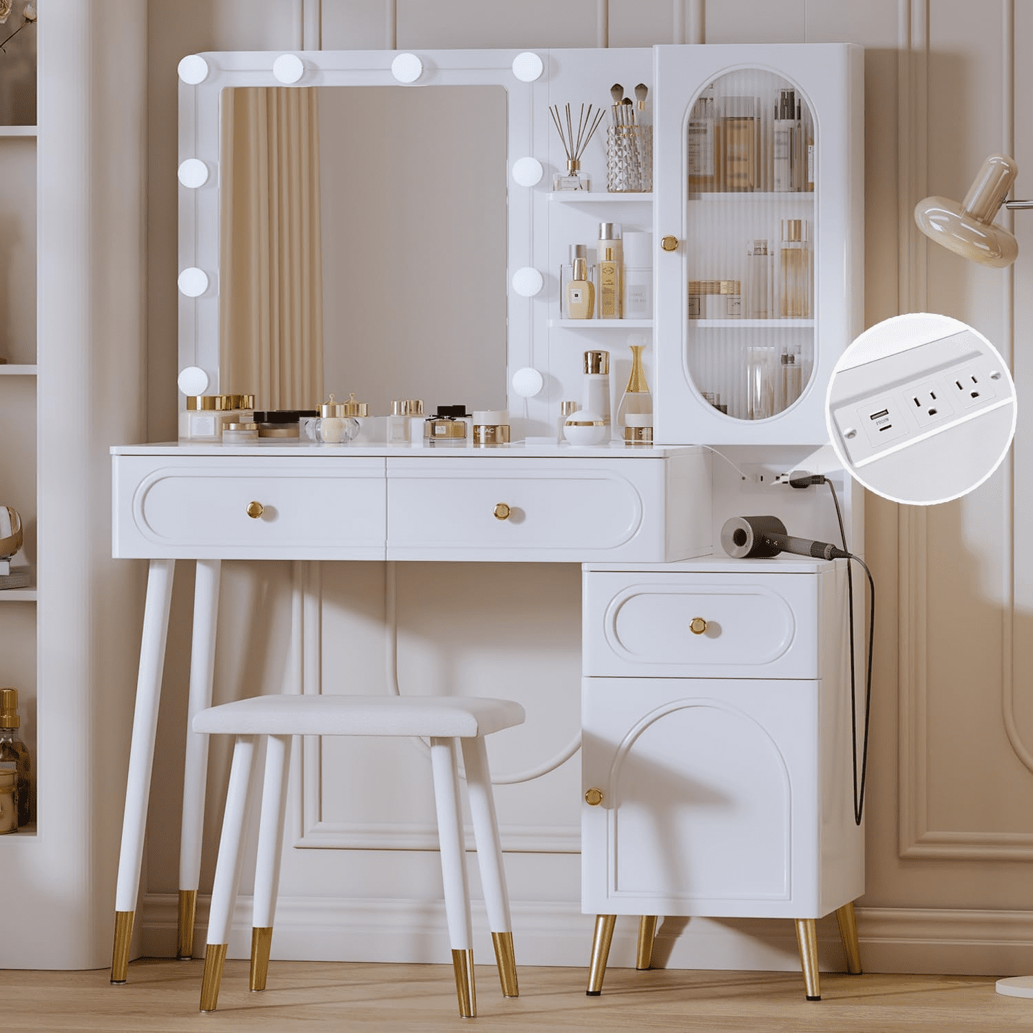 Vanity Desk with Mirror and Lights with Chair Modern High Capacity