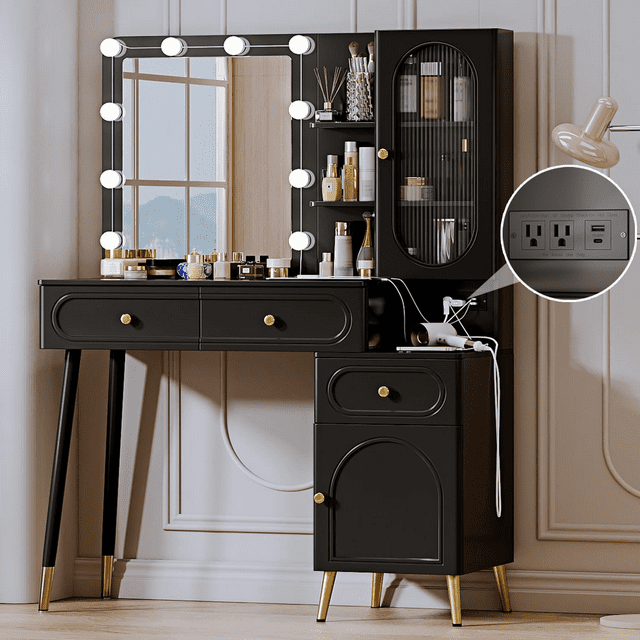 Vanity Desk with Mirror and Lights with Chair Modern High Capacity
