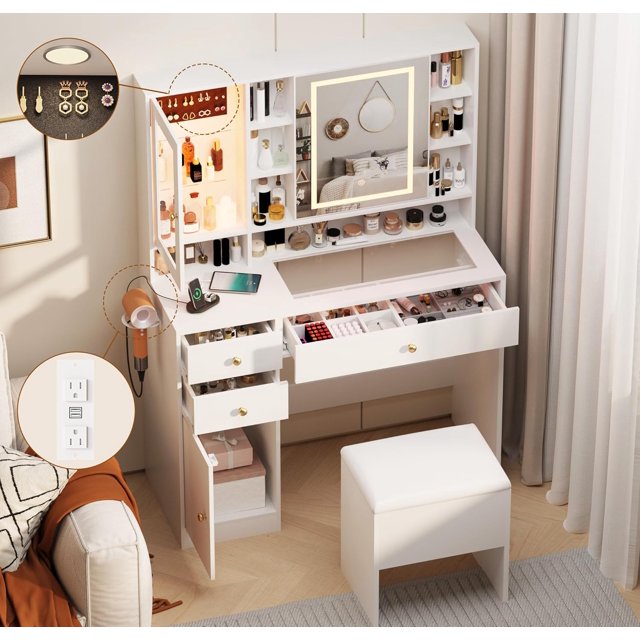 Vanity Desk with Mirror, Lights, Charging Station, RGB 3 LED