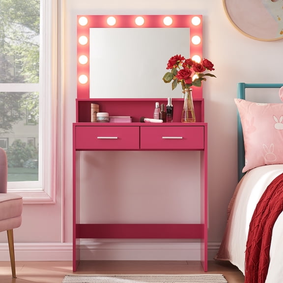 Vanity Desk with Mirror and Lights, Dressing Table with Large Drawer, 2 Level Storage Dresser & 11Lights with 3 Lighting Modes, Adjustable Brightness, Particle Board, Suitable for Bedroom