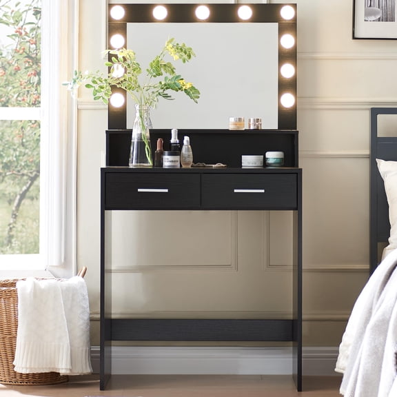 Vanity Desk with Mirror and Lights, Dressing Table with Large Drawer, 2 Level Storage Dresser & 11Lights with 3 Lighting Modes, Adjustable Brightness, Particle Board, Suitable for Bedroom
