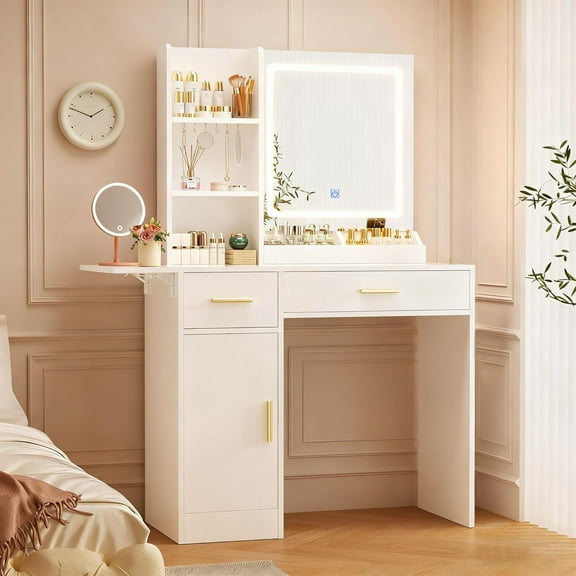 Vanity Desk with Mirror and Lights & Extral Foldable Desk, 31.5" & 39.3" Makeup Vanity Table with 5 Drawers and 3 Open Shelves, Dressing Table for Bedroom, White (White 11)