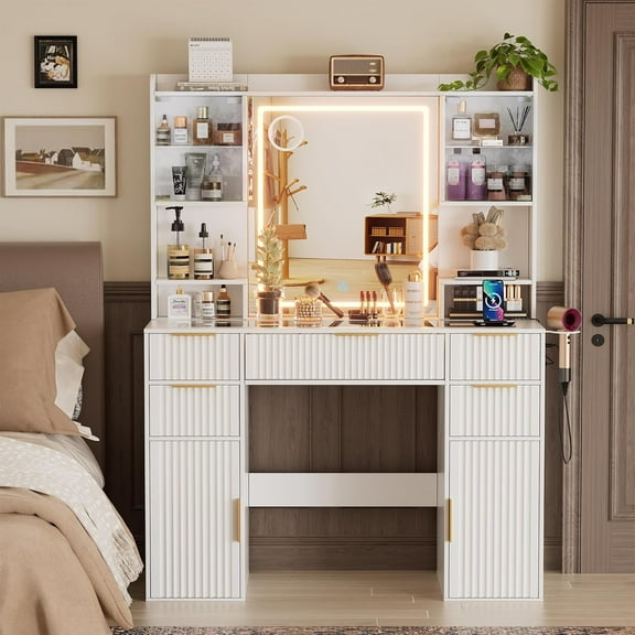 Vanity Desk with Mirror and Lights, Fluted Makeup Vanity Desk with Lights 3 Colors, Glass Top Vanity with 16 RGB Colors Cabinet, 2 Shelves & 5 Drawers & Power Outlet for Bedroom