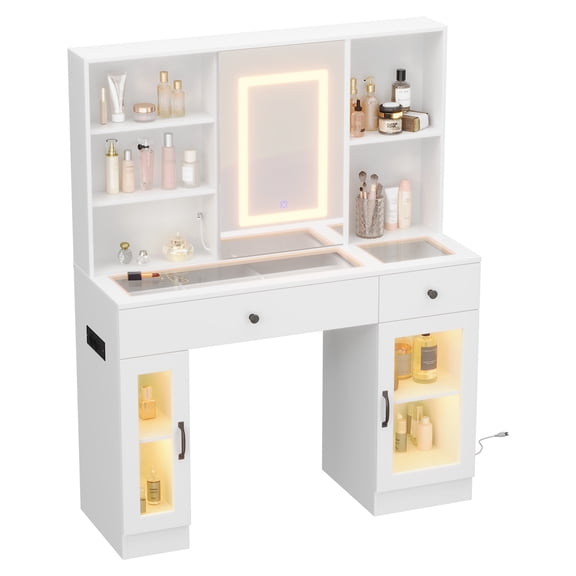 Vanity Desk with Mirror and Lights, Glass Top Vanity Desk with Sliding LED Mirror & 3-Color Lights, Makeup Dressing Table with Storage Drawers, Rainbow Glass Cabinets, USB/AC Outlets -  White
