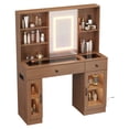 thumbnail image 1 of Vanity Desk with Mirror and Lights, Glass Top Vanity Desk with Sliding LED Mirror & 3-Color Lights, Makeup Dressing Table with Storage Drawers, Rainbow Glass Cabinets, USB/AC Outlets - Natural, 1 of 6