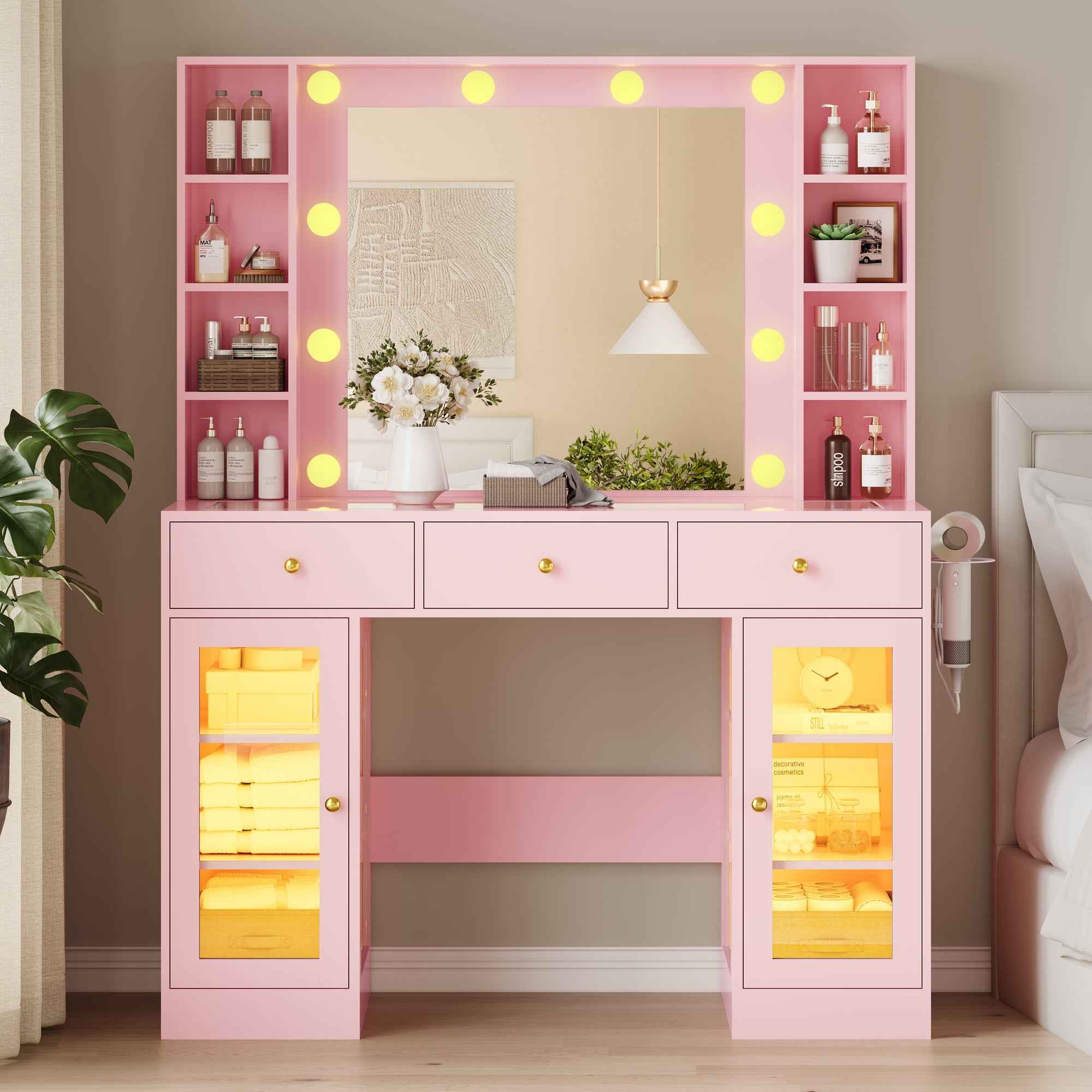 Vanity Desk with Mirror and Lights, Glass Top Vanity with Lighted Mirror & RGB Glass Cabinet and 3 Drawers, Makeup Vanity Desk with Lights Dressing Table for Bedroom, 3 Color Modes