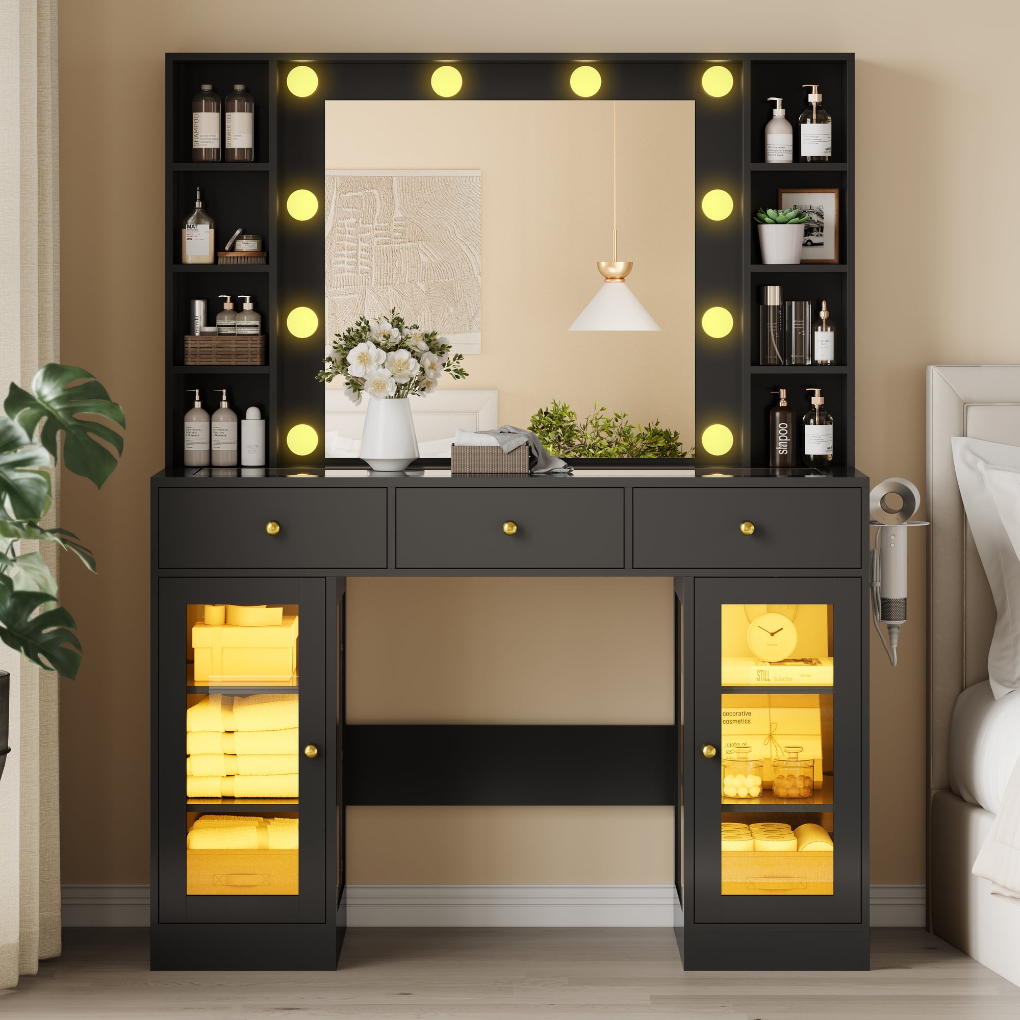 Vanity Desk with Mirror and Lights, Glass Top Vanity with Lighted Mirror & RGB Glass Cabinet and 3 Drawers, Makeup Vanity Desk with Lights Dressing Table for Bedroom, 3 Color Modes
