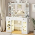 thumbnail image 1 of Vanity Desk with Mirror and Lights, Glass Top Vanity with Lighted Mirror & RGB Glass Cabinet and 3 Drawers, Makeup Vanity Desk with Lights Dressing Table for Bedroom, 3 Color Modes, 1 of 8