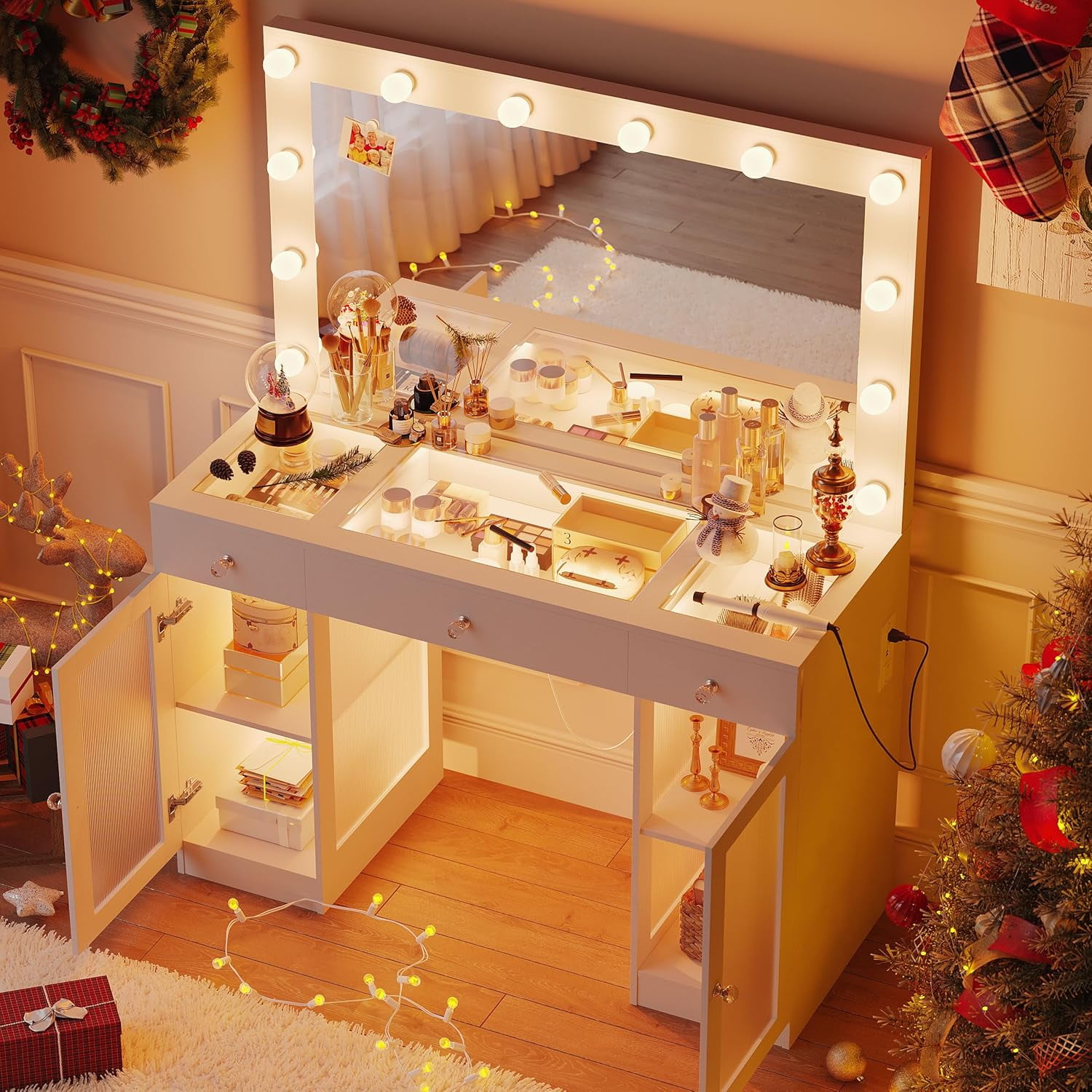 Vanity Desk with Mirror and Lights, Glass Top Vanity with Lights ...