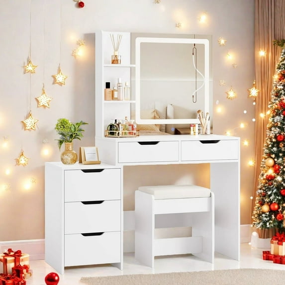 Vanity Desk with Mirror & Lights, Lofka Makeup Vanity with LED Lights, 5 Sliding Drawers, White Vanity Set with Stool 3 Lighting Modes Adjustable Brightness