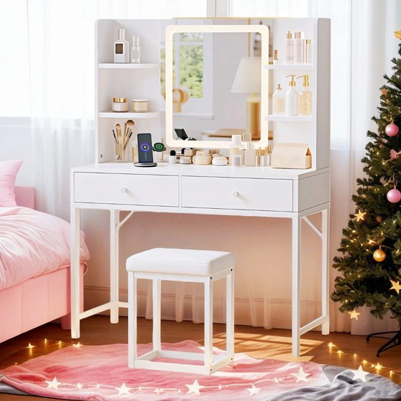 Vanity Desk with Mirror and Lights, Lofka Small with Storage Drawers & Chair, 3 Lighting Modes & Adjustable Brightness for Girls Bedroom, White Vanity