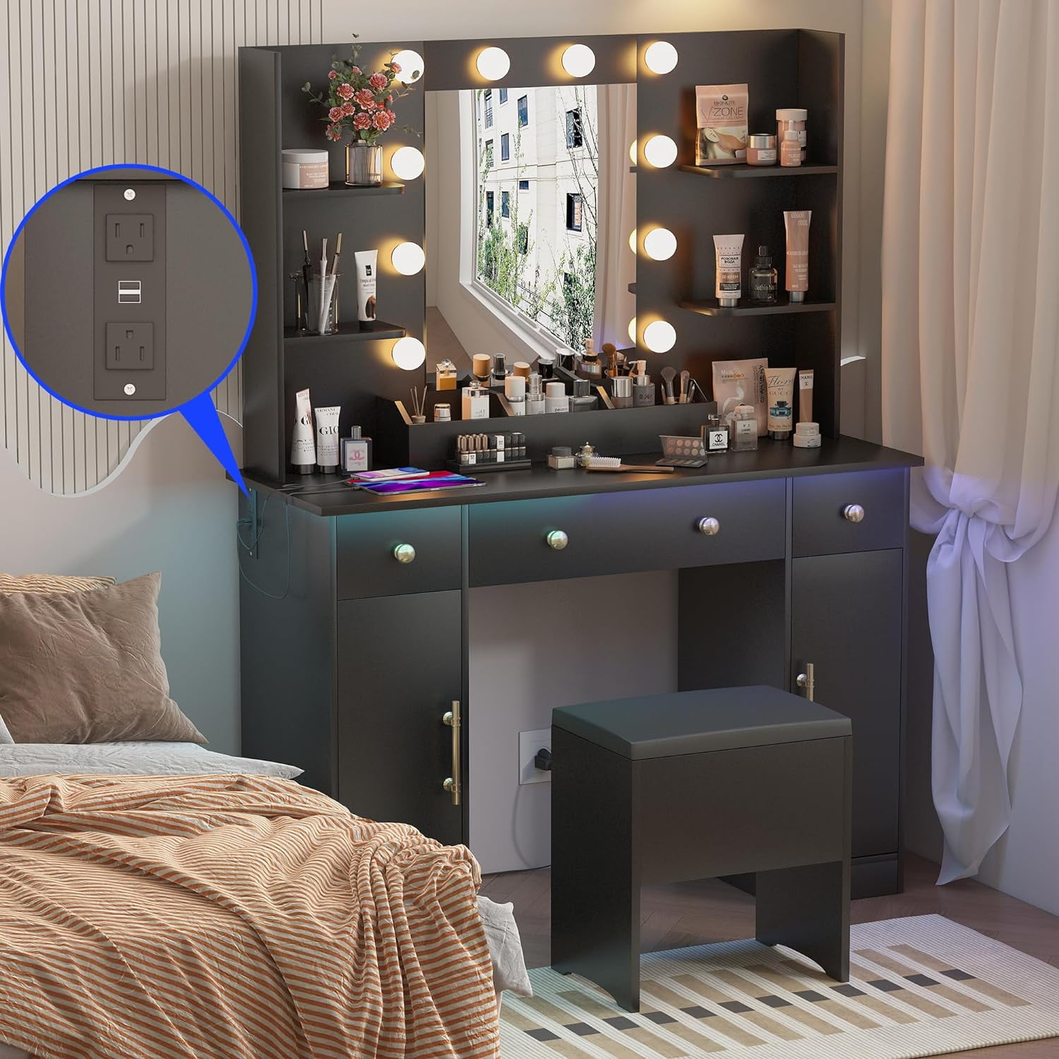 Vanity Desk with Mirror and Lights, Makeup Vanity with Charging Station ...