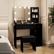 Vanity Desk with Mirror and Lights, Makeup Desk with Power Outlet Drawers Cabinet Stool, Vanity Table 3 Color Modes Adjustable Brightness Dressing Table Set for Bedroom