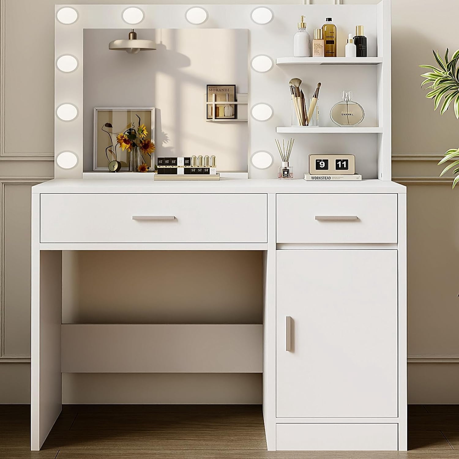 Small Makeup Vanity Desk With LED Mirror & Stool - 3 Light Modes, Power Outlet, Drawer & Shelves For Bedroom