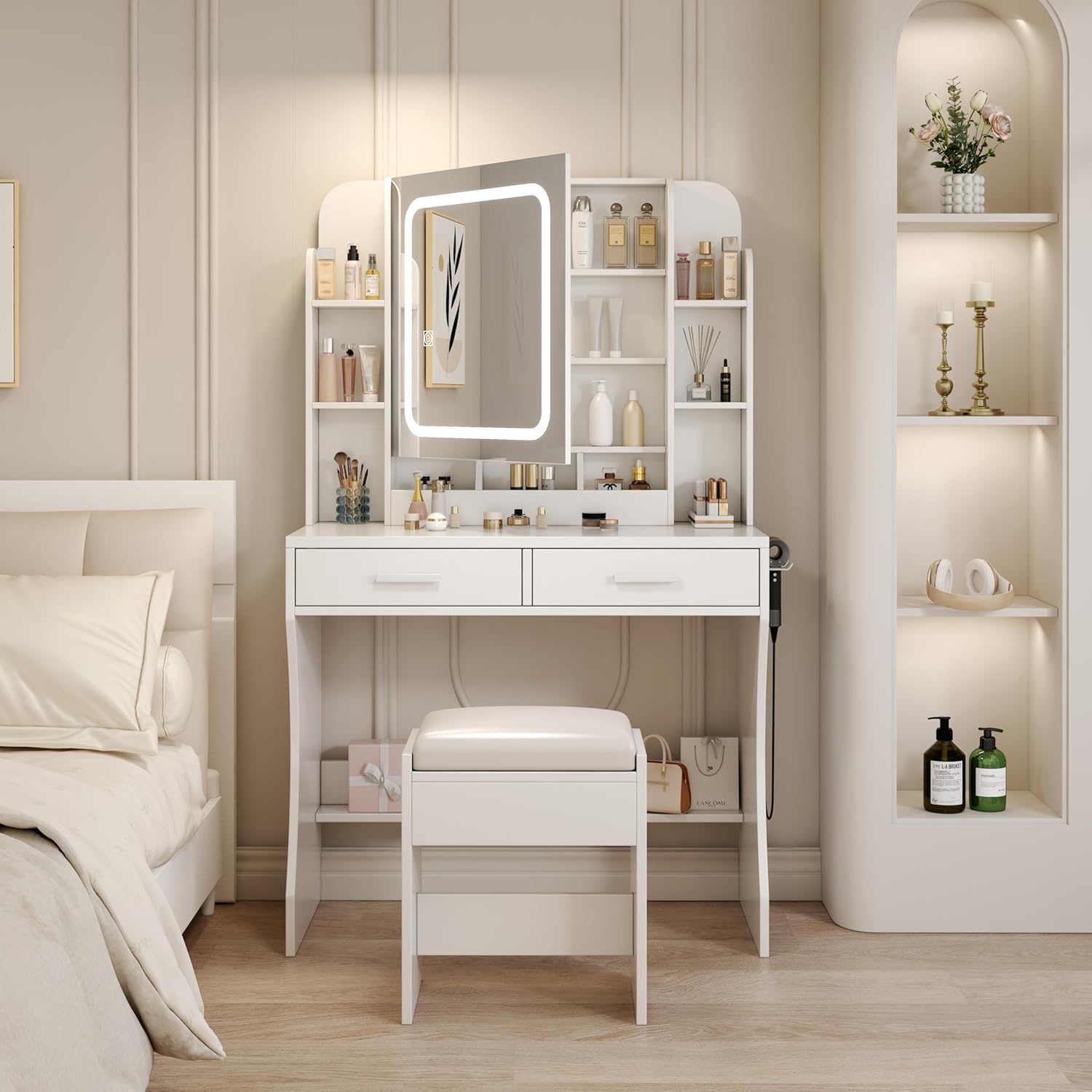 Vanity Desk with Mirror and Lights Makeup Vanity Table with 2 Drawers