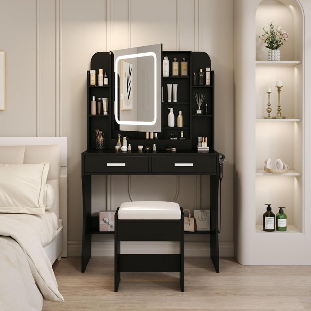 Vanity Desk with Mirror and Lights, Makeup Vanity Table with 2 Drawers