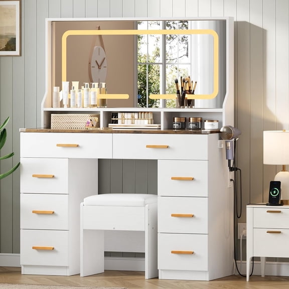 Vanity Desk with Mirror and Lights, Makeup Table with Glass Top & 8 Drawers, 3-Color LED Mirror, Power Outlets & USB, Hair Dryer Holder, Stool Included, Dressing Table Set for Bedroom