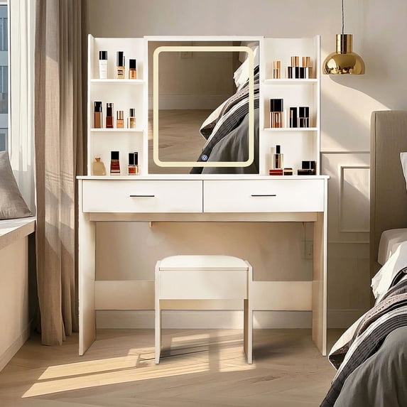 Vanity Desk with Mirror and Lights, Makeup Vanity with 2 Drawers and 6 Storage Shelves, 3 Lighting Modes Adjustable Brightness, Vanity Set with Cushioned Stool for Bedroom