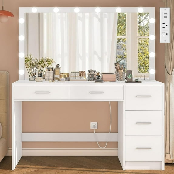 Vanity Desk with Mirror and Lights, Makeup Vanity with 5 Drawers and 3 Storage Shelves, 3 Color Modes & Adjustable Brightness Dressing Table, Vanity Desk for Bedroom, White