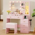 thumbnail image 1 of FANRAL Vanity Desk with Mirror and Lights,Makeup Vanity with 5 Drawer & LED Glass Cabinet,3 Light Mode and Brightness Adjusted,Vanities Mirror with Light Desk and Chair,Pink Vanity, 1 of 9
