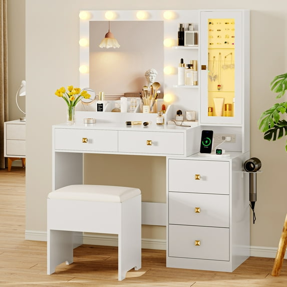 Vanity Desk with Mirror and Lights, Makeup Vanity with 5 Drawers Hidden Jewelry Organizer& LED Glass Cabinet,3 Light Mode and Brightness Adjusted, Vanities Mirror with Lights Desk and Chair