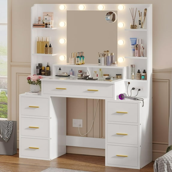 Vanity Desk with Mirror and Lights, Makeup Vanity with Charging Station and 10x Magnifying Mirror, Large Vanity Table with 8 Drawers and Shelves, Glass Top,White