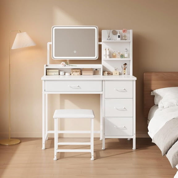 Vanity Desk with Mirror and Lights, Makeup Vanity Desk with 4 Fabric Drawers & Storage Shelves & Chair, 3 Color Modes & Adjustable Brightness, White Vanity, Vanity Set, Bedroom Furniture