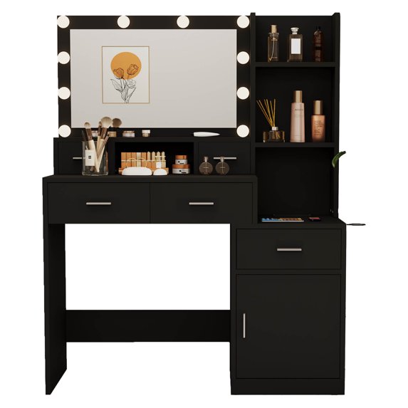 Vanity Desk with Mirror and Lights, Makeup Vanity Desk with Charging Station, Vanity with Drawers and Cabinet, Shelves, Makeup Vanity with Lights, 3 Color Lighting Brightness Adjustable, Black