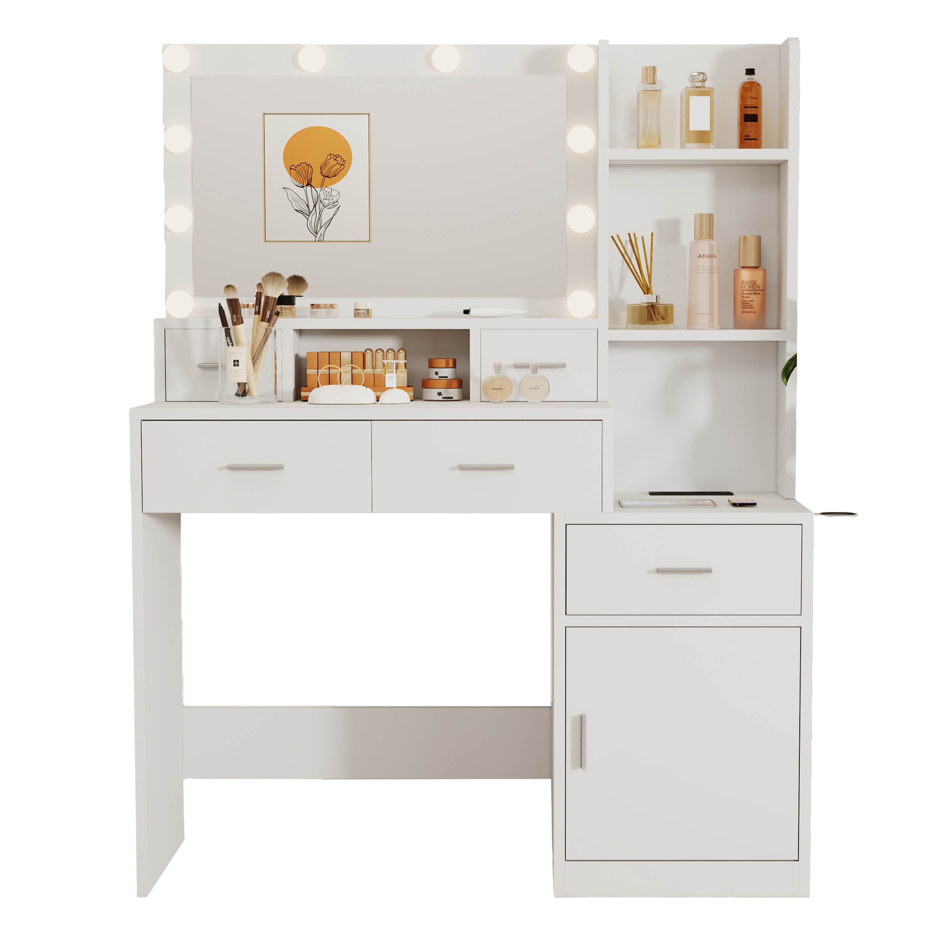 Vanity Desk with Mirror and Lights, Makeup Vanity Desk with Charging Station, White Vanity with Drawers and Cabinet, Shelves, Makeup Vanity with Lights, 3 Color Lighting Brightness Adjustable, White