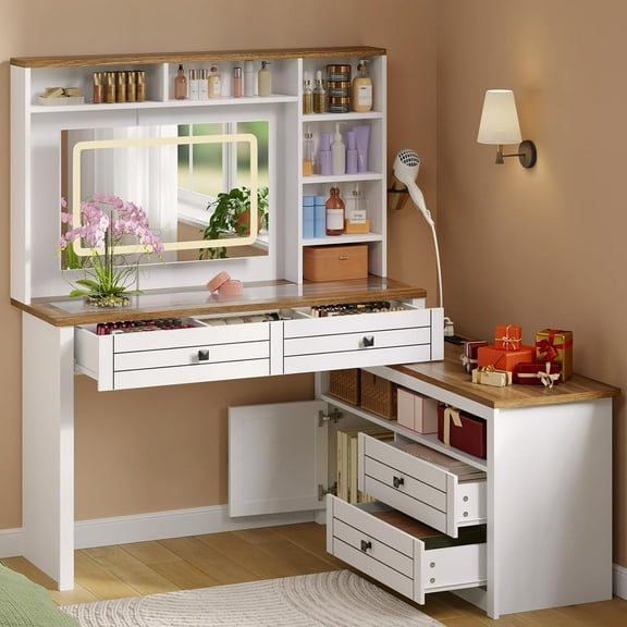 Vanity Desk with Mirror and Lights,Makeup Vanity Desk with LED Lights,Transparent Top Vanity with Power Outlet,6 Shelves,5 Drawers,Large Extendable Dressing Table for Bedroom