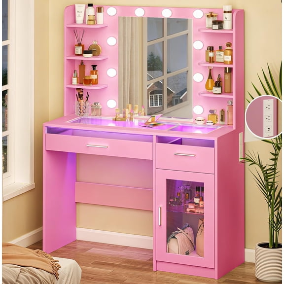 Vanity Desk with Mirror and Lights, Makeup Vanity Desk with Lights 3 Colors, Transparent Top Vanity with 2 RGB Drawers, 6 Shelves, Large Tempered Cabinet, Power Outlet, Pink