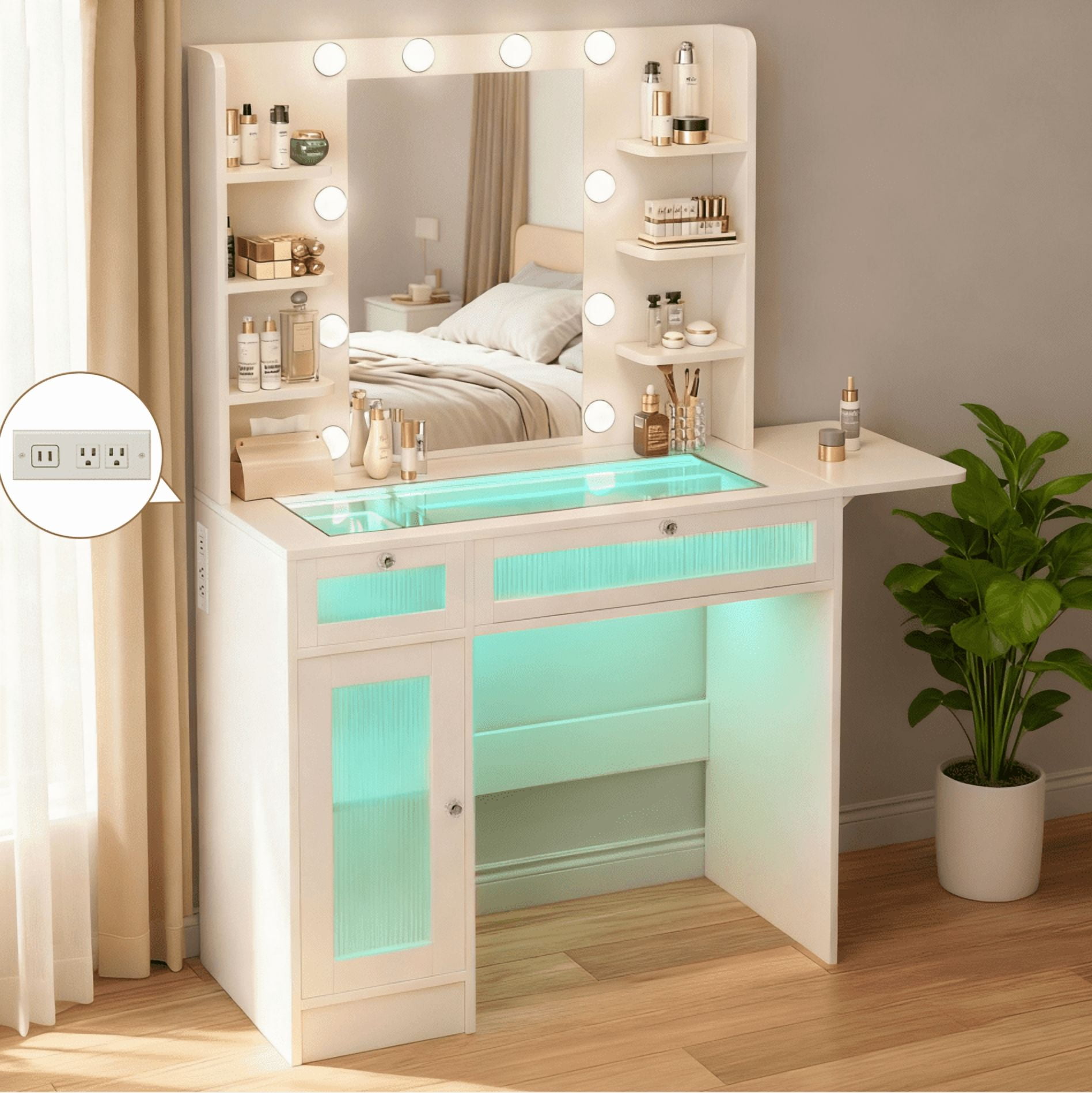 Vanity Desk with Mirror and Lights, Makeup Vanity Desk with Lights 7 Colors, Transparent Top Vanity with 2 Drawers, 6 Shelves, Large Tempered Cabinet, Power Outlet, for Bedroom, White