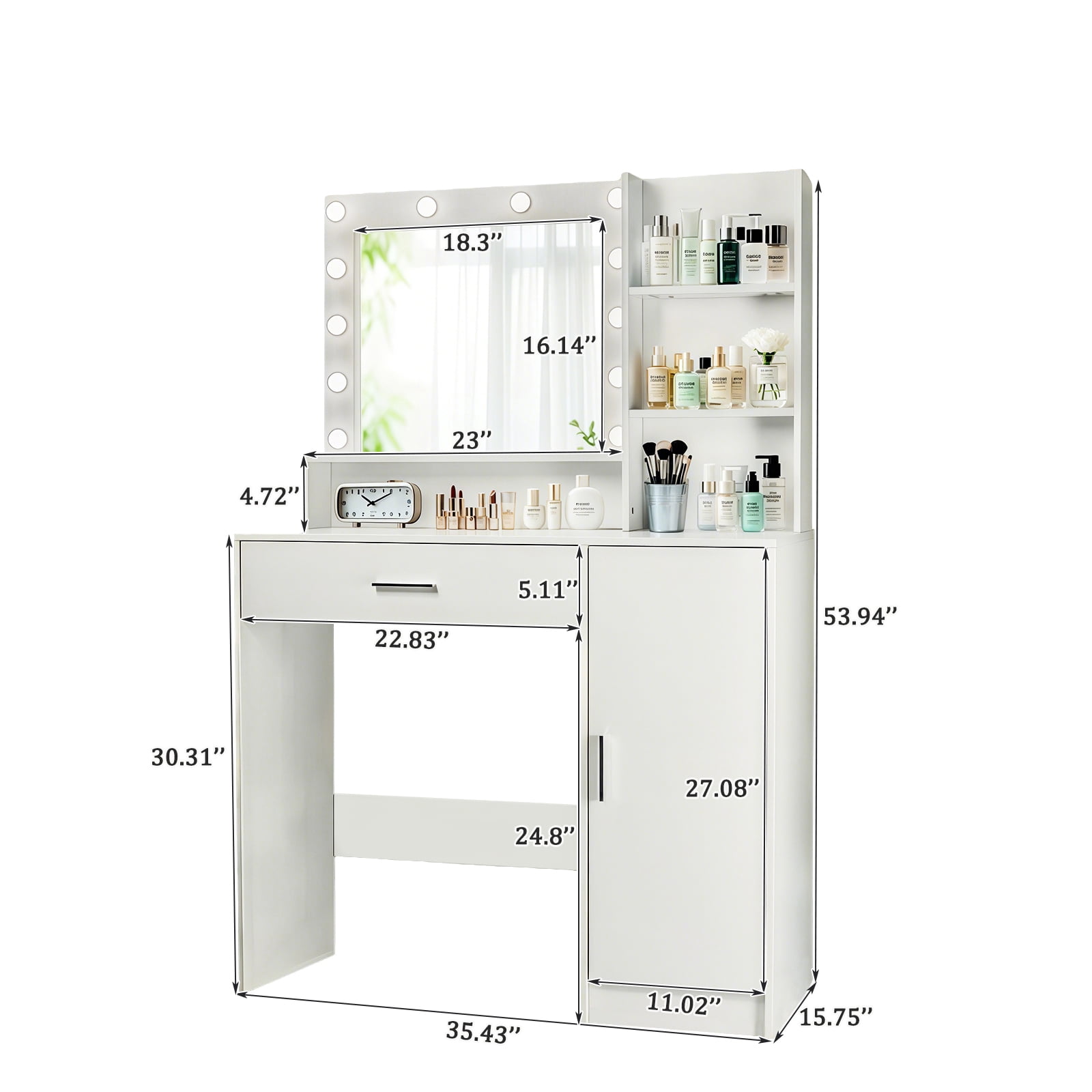 Vanity Desk with Mirror and Lights, Makeup Vanity with Drawer & Storage Cabinet, 3 Lighting Modes Adjustable Brightness, Dressing Table with Open Shelves for Bedroom, Dressing Room, White RR
