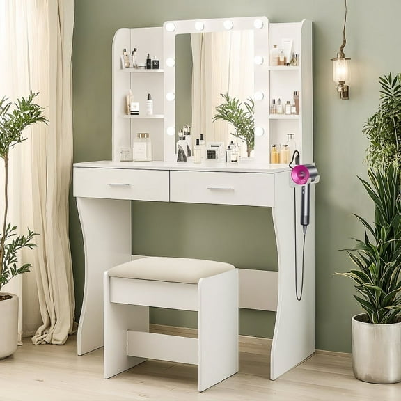 Vanity Desk with Mirror and Lights, Makeup Vanity with Drawer & Storage Cabinet, 3 Lighting Modes Adjustable Brightness, Dressing Table with Open Shelves for Bedroom, Dressing Room, White RR