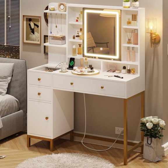 Vanity Desk with Mirror and Lights, Makeup Vanity with Drawers and Charging Station, Vanity Table with Shelves, Cabinet, Hidden Space for Bedroom, White