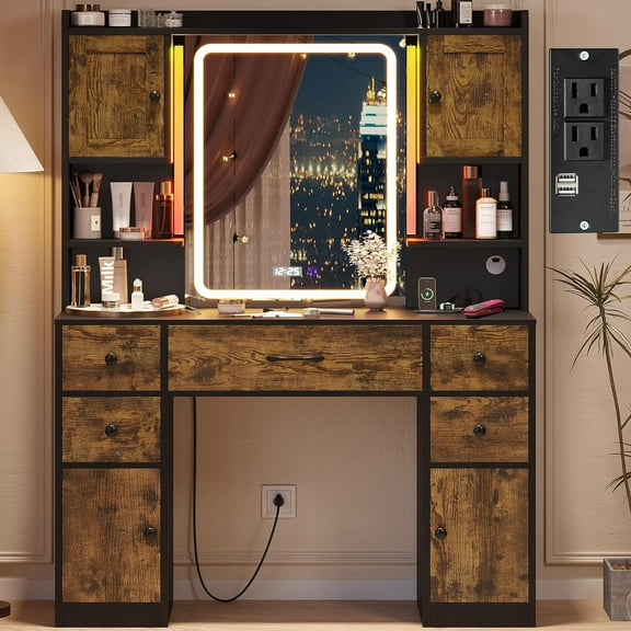 Vanity Desk with Mirror and Lights,Makeup Vanity with Lights & Charging Station,Vanity Table with Time Temperature Display Mirror,Storage Cabinets, Rustic Brown