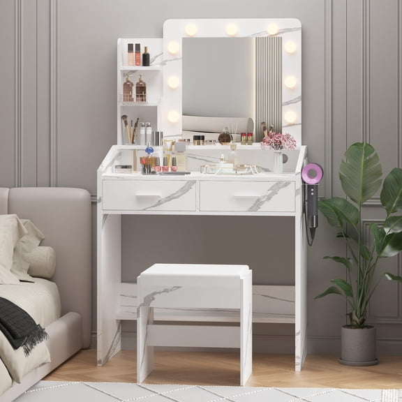 Vanity Desk with Mirror and Lights, Makeup Vanity with Power Outlet, 3 Lighting Modes Adjustable Brightness, Small Vanity Table Set with 2 Drawers, Makeup Table for Bedroom,White