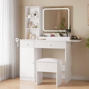 Vanity Desk with Mirror and Lights, Makeup Vanity with Power Outlets, USB-c Port, 3 Adjust LED Light, Drawers & Cabinet, Storage Stool, Dressing Table for Bedroom