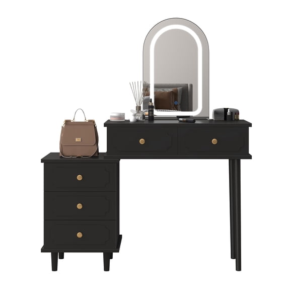 Vanity Desk with Mirror and Lights, Makeup Vanity Table with Power Outlet and Storage Drawers, Dressing Table with Adjustable LED Lighting for Bedroom, Black