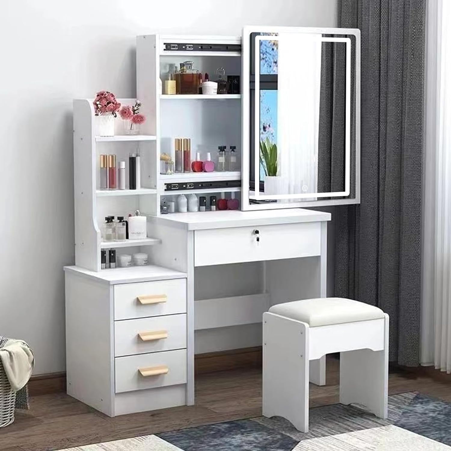 Vanity Desk with Mirror and Lights, Makeup White Vanity with Sliding