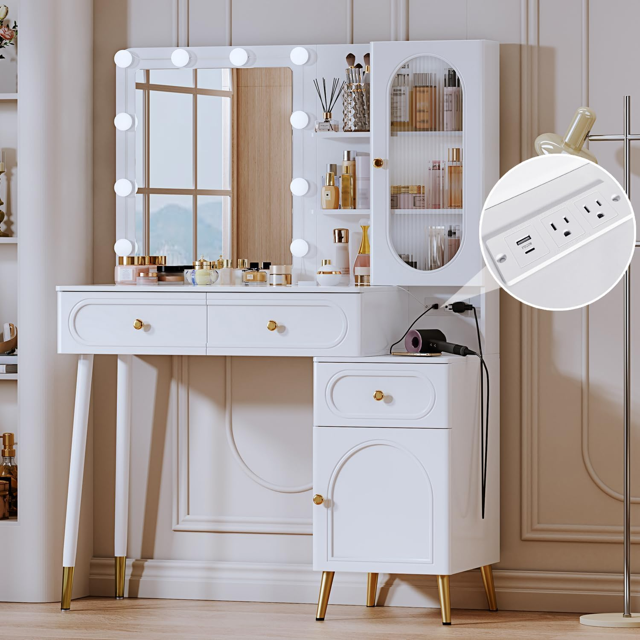 Vanity Desk with Mirror and Lights Modern High Capacity Makeup Vanity