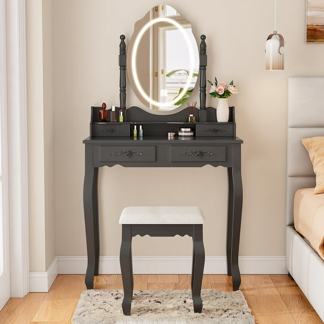 Vanity Desk with Mirror and Lights, Modern Vanity Makeup Table and